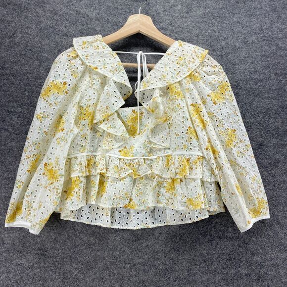 Wayf Blouse Women XS White Floral Lined Square Neck Long Sleeve Ruffle Cotton - Picture 2 of 9